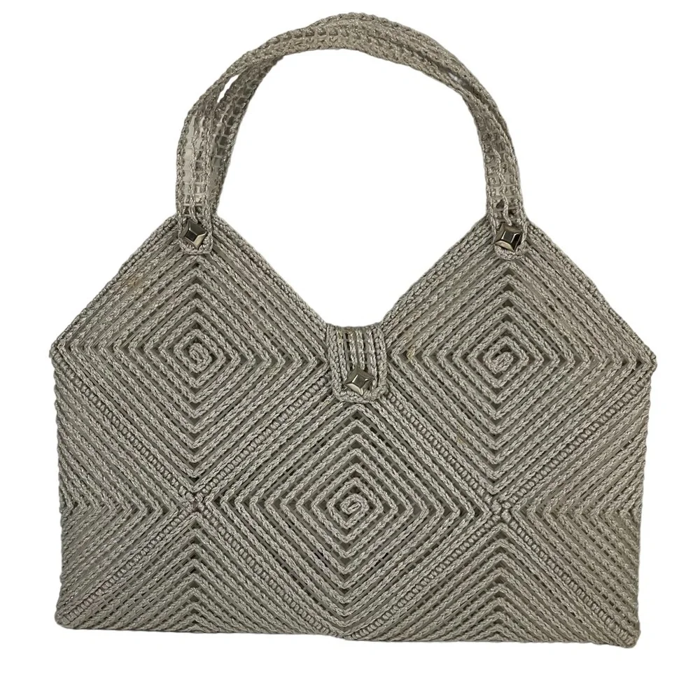 Vintage Handmade Gray Cross Stitch Plastic Canvas Woven Flower Accent Handbag